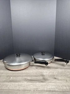 Revere Ware 1801 Double Ring 10" And 12” Inch Skillet Copper Bottom Pan W/Lids - Picture 1 of 8