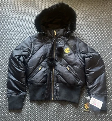 Rocawear Auth. VTG Y2K Women’s Black Gold Logo Fox Fur Hood Puffer Jacket NWT - Image 1 of 4