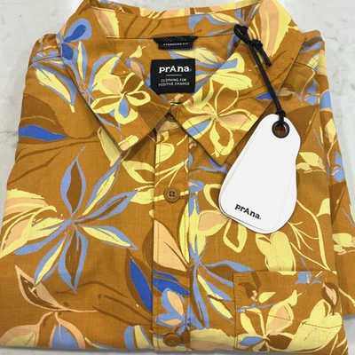 prAna NEW Mens L Stimmersee Short Sleeve Shirt Ochre Star Floral Retro Organic - Image 1 of 4