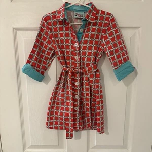 HALEY & THE HOUND Belted Shirtdress 4T Coral Aqua Geometric Button Up Boutique - Picture 1 of 7