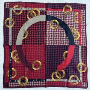 CELINE Silk Cotton Scarf 23in Red Burgundy Houndstooth Ring Motif Modern - Picture 1 of 20