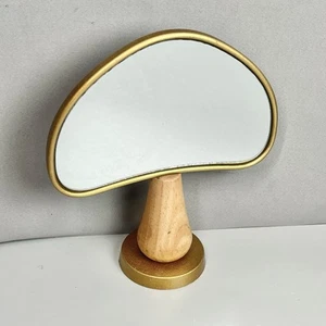 Mushroom Shaped Tabletop Mirror Wood And Gold Toned Cast Metal Base - Picture 1 of 12