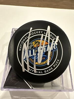 Noah Hanifin Carolina Hurricanes 2018 NHL Allstar Signed Official Game puck - Image 1 of 3