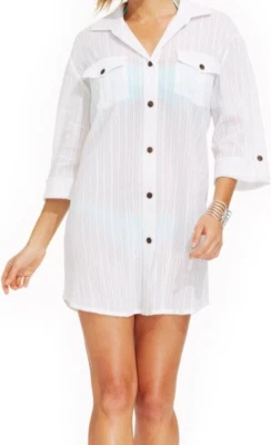 Camisa-vestido de natación con botones manga larga texturizada Dotti para mujer, blanco, XL Foto 1 de 2
