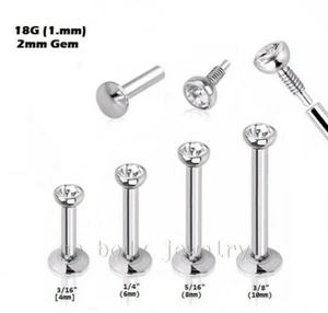 18G Surgical Steel Internally Threaded Press Fit CZ Labret Tragus 3/16" to 3/8" - Picture 1 of 3