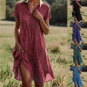 Damen Kurzarm A-Linie-Kleid Sommerkleid Tupfen Midikleid V-Neck Freizeitkleid - Bild 1 von 18
