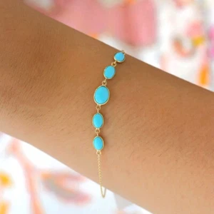 Genuine Arizona Turquoise Graduation Chain Bracelet, 14k Solid Yellow Gold Fine - Picture 1 of 5