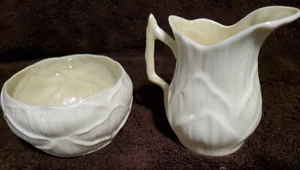 Vintage Belleek Porcelain Cream and Sugar Lily Pattern Green - Picture 1 of 11