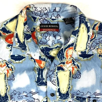 John Henry Hawaiian Shirt Tropical Cocktail Button Up Short Sleeve Mens XL Party - Image 1 of 4