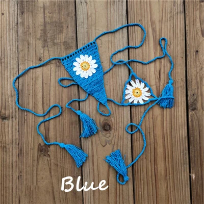 Tanga de encaje de ganchillo cuerda apliques de margarita mini traje de baño tomar el sol bikini parte inferior Foto 1 de 3