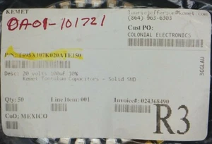 T495X107K020ATE KEMET CAP TANT 100UF 10% 20V 6 PIECES - Picture 1 of 1