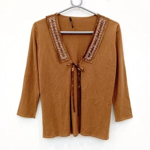 Hugo Boss Silk Cashmere Cardigan Size Medium Womens Brown Beaded Pearl FLT03-CD - Picture 1 of 7