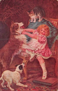 Postal: Kiss & Be Friends, Girl with Dogs & Cat, DB publicada 1910 - Imagen 1 de 2