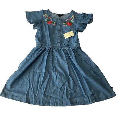 Lucky Brand Dress Girl Size L Blue Short Sleeve Floral Print Button Front Pocket - Image 1 of 4