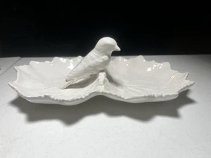 Bordallo Pinheiro White Double Leaf with Blue Bird Candy Dish Rare HTF - Picture 1 of 8
