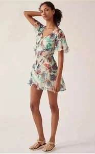 Anthropologie Soft Printed Mini Dress Ivory Floral Ruffled Lined XS NWT - Picture 1 of 11