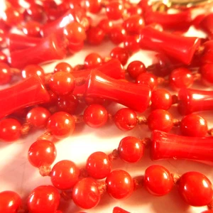 Vtg Designer Carved Red Coral Beaded Knotted Necklace 34" - Picture 1 of 7