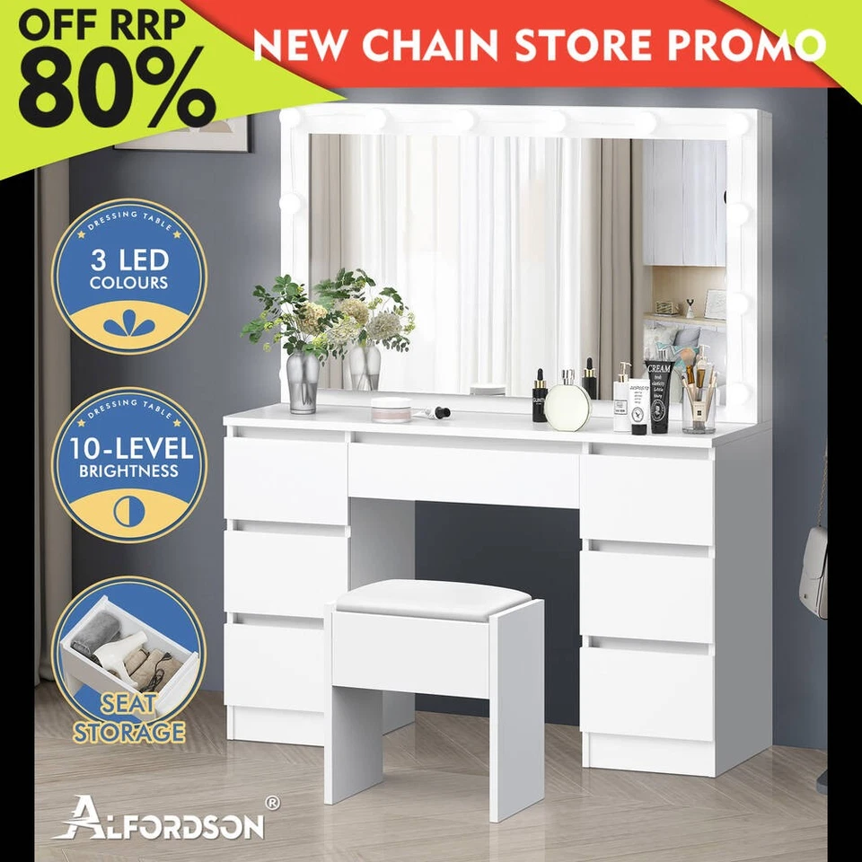 ALFORDSON Dressing Table Stool Set Makeup Mirror Desk LED 12 Bulbs White