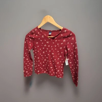 Top tejido gofre térmico estampado floral rosa grande granate talla 10/12 azul marino antiguo nuevo con etiquetas Foto 1 de 3