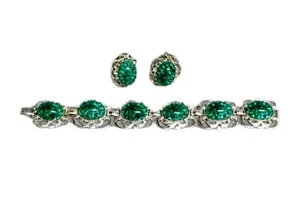 Silberfarben und Smaragd Farbe Faux Edelstein Armband mit Vintage Clip auf Ohrringe - Bild 1 von 8