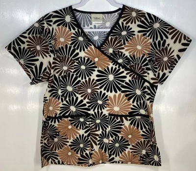 Scrub Top womens size S Small by Tafford Mod Flowers brown black tan cream - Image 1 of 3
