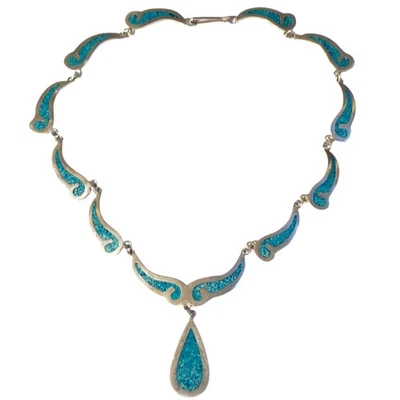 Jose Marmolejo TAXCO Mexico Sterling Silver & Turquoise Crushed Inlay Necklace - Image 1 of 4