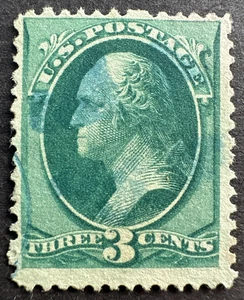 US Sc# 158 oder 184 gebrauchte Briefmarke mit blauem Tintenstempel 3¢ George Washington - Bild 1 von 2