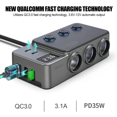 3 Way Car Cigarette Lighter Splitter USB C Charger Fast Charge Adapter 12V/24V - Image 1 of 4