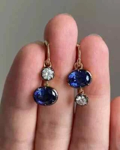Oval 1Ct Lab Created Blue Sapphire Drop Dangle Earring 14K Yellow Gold Plated - Picture 1 of 9