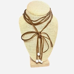 BROWN SUEDE LEATHER WRAP SCARF TIE NECKLACE FRESHWATER PEARL BOHO LONG LARIAT - Picture 1 of 10