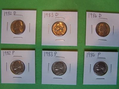 1982 P&D, 1983 P&D, 1986 P&D Jefferson Nickel Key Year Set in 2X2 holders - Image 1 of 3