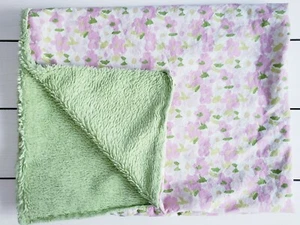 Baby Essentials Baby Blanket Green Fuzzy Pink White Floral Cotton Sheet Side - Picture 1 of 5