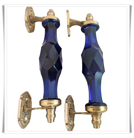 Pair Vntg. Look Brass Cobalt Blue Victorian Cut Glass Pull Push Door Handle 7" Cover