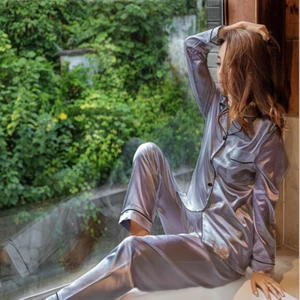 Damen Satin Seide Pyjama Set seidig Lounge Hosen Pyjamas lange Ärmel - Bild 1 von 9
