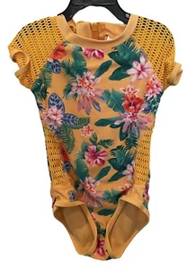 Art Class Girls Swimsuit Small 6X One Piece Yellow Floral Mesh Rash guard Beach - Picture 1 of 7