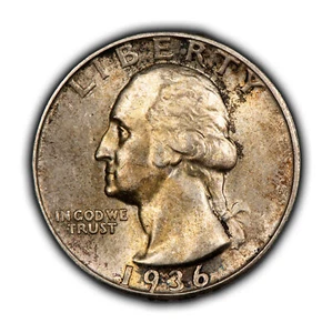 1936 25c Silver Washington Quarter - Colorful Original Toning - BU - SKU-Z4473 - Picture 1 of 4