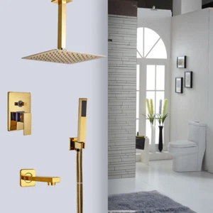 Bathroom Tub Gold 12" Rainfall Mixer Ceiling Mount Tap Brass Hand Spray Faucet - Imagen 1 de 8