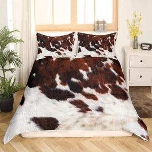 Fur Duvet Cover Twin Size Cowhide Comforter Cover Brown Cow Print Bedding Set - Picture 1 of 11
