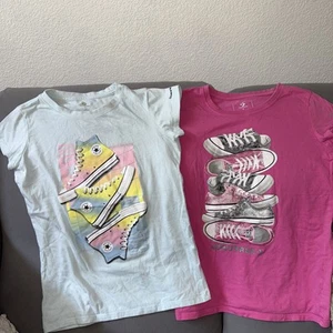 2 Converse All Star Girls blue and pink Cap Sleeve Crew Neck T Shirt Size Large - Picture 1 of 5