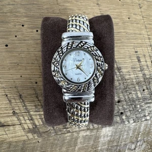 Vivani Watch Women Two Tone Silver Gold Ribbed Cuff Bracelet New Battery 6.5" - Picture 1 of 6