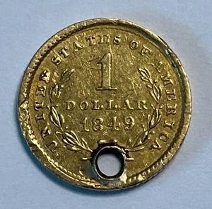 1849 US $1 Liberty Head Gold Coin with a hole, 1.6 grams, 90% Fine Gold - Picture 1 of 10
