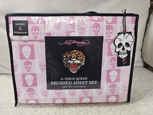 Ed Hardy Queen Sheet Set 6pc Pink White Skull Print NWT viral - Picture 1 of 3