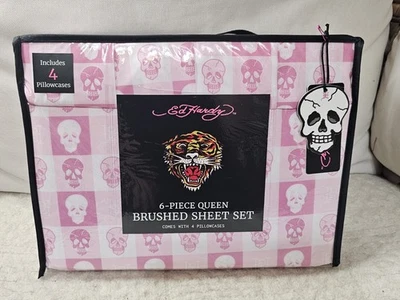 Ed Hardy Queen Sheet Set 6pc Pink White Skull Print NWT viral - Image 1 of 3