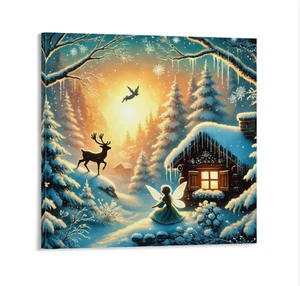 Mystical Cabin Nieve Vacaciones Copo de Nieve Mariposa Hada Ciervo Invierno 12 x 12 Marco - Imagen 1 de 3