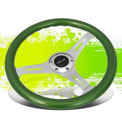 NRG ST-015CH-GN 350MM CHROME 2"DEEP DISH 3-SPOKE GREEN WOOD GRIP STEERING WHEEL - Image 1 of 4