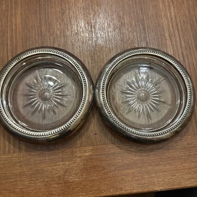 Vintage Italian Glass Starburst Coasters Silver Plate Beaded Rims set 2 - Image 1 of 2