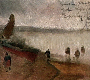 Antique Postcard Divided Back Oil Painting Lake Shore With Boat & People Walking - Picture 1 of 3