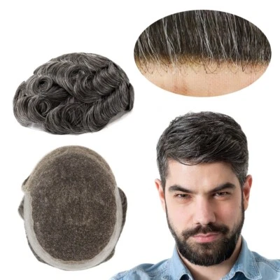 Mens Human Hair Toupee French Lace Front Poly Skin Hair System Hairpieces Q6#340 - Image 1 of 4