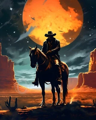 Póster vaquero y caballo Moon Rising Mojave desierto impresión artística giclée del viejo oeste 8x10 Foto 1 de 2