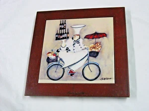 Jennifer Garant Fat Chef Bicycle Framed Art Tile Wall Art Trivet 8" X 8"  Inches - Picture 1 of 2